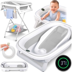 Bañera infantil plegable Nukido con soporte, termómetro e inserto para recién nacidos – Blanco-gris
