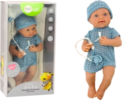 Muñeca bebé con ropa azul, gorrito y chupete