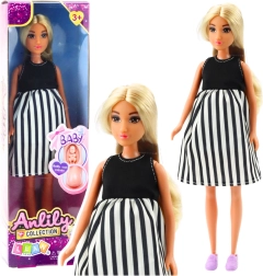 Muñeca Anlily embarazada con vestido a rayas blanco y negro con bebé