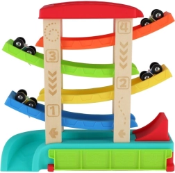 Pista de carreras en cascada para cochecitos con 4 vehículos, madera y plástico, 33 × 32 × 10 cm