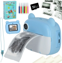 Cámara instantánea infantil con impresora térmica, osito azul, 32 GB