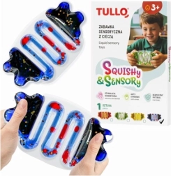 Pelota antiestrés sensorial blanda con líquido azul y purpurina