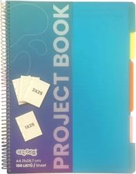 Cuaderno de proyectos A4, 100 hojas, 3 secciones rayadas + 1 cuadriculada