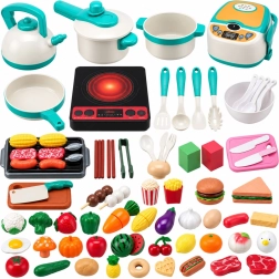 Set de cocina infantil con hornillo, vajilla y alimentos con sonidos (90 piezas)