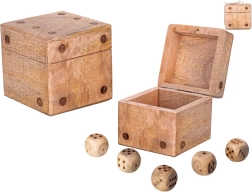 Dado de madera de madera de mango con caja de almacenamiento y set de 5 dados de juego