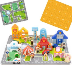 Juego de construcción de madera ciudad Viga con base de puzzle y figuras