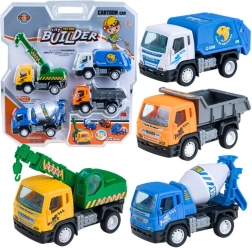 Set de juguetes de obra: grúa, camión volquete, camión de basura y hormigonera