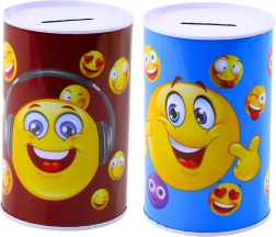 Hucha metálica con emoticonos azul y marrón