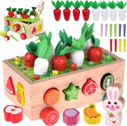 Carretilla de jardín Montessori de madera con cosecha de zanahorias, formas y gusanitos magnéticos