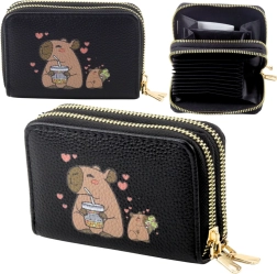 Cartera negra con capibara, de dos compartimentos, con compartimentos tipo acordeón 12,5 × 8,5 cm