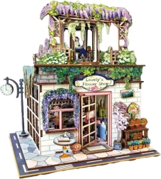 Maqueta de construcción 3D de madera: floristería con efectos de luz