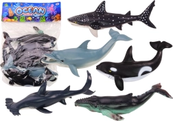 Set de figuras de los animales marinos más grandes: orca, ballena, tiburón, tiburón martillo, tiburón gigante y delfín (6 uds.)