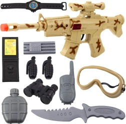 Set militar con rifle y accesorios, sonido de disparo, camuflaje desértico