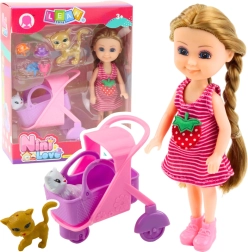 Mini muñeca con cochecito y gatitos