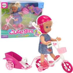 Set de mini muñeca con bicicleta, remolque y perrito blanco