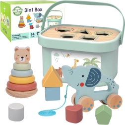 Woopie Green set educativo 3 en 1: caja con clasificador, pirámide de ositos y elefante de arrastre