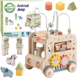Cubo de actividades de madera Woopie Green con vehículo todoterreno de safari FSC