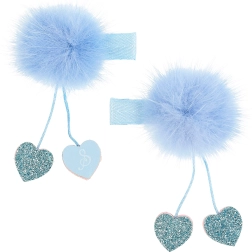 Horquillas para el pelo con pompón y corazones azules