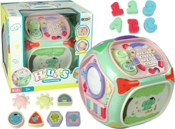 Cubo educativo interactivo con clasificador, teléfono y pianito