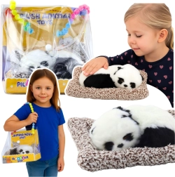 Panda durmiendo sobre un cojín con pelaje suave en bolsa transparente