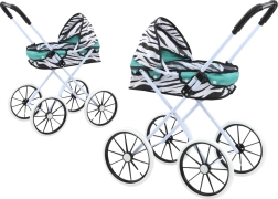 Cochecito para muñecas con capota plegable, ruedas grandes, diseño de cebra – turquesa