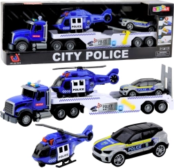 Camión de transporte policial con helicóptero y SUV con luces y sonidos