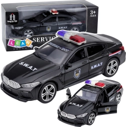 Coche de policía SWAT con luces y sonidos, puertas abatibles, negro