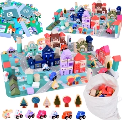 Set de madera pastel Ciudad con alfombrilla de juego tipo puzle