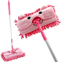 Mopa infantil rosa con mango telescópico con diseño de animalito