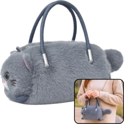 Bolso de peluche con forma de gato, gris con asas y cadena