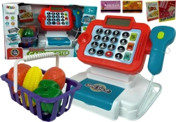 Caja registradora infantil con calculadora y cesta con verduras