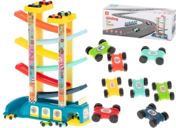 Pista de coches de colores con tobogán y garaje – 8 cochecitos