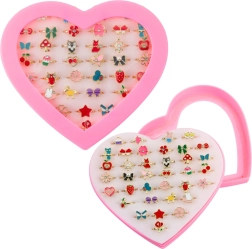 Juego infantil de anillos ajustables en estuche con forma de corazón – 36 uds