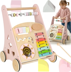 Andador de madera con ábaco y actividades, rosa