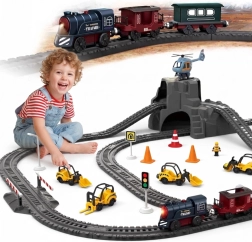 Circuito de tren eléctrico retro Woopie con locomotora y 2 vagones, 76 piezas