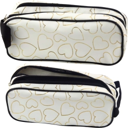 Estuche escolar blanco de dos compartimentos con corazones dorados