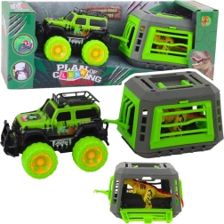 Todoterreno con jaula y dinosaurio T‑Rex