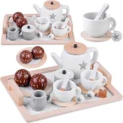 Set de té de madera con estrellitas, beige‑blanco, en bandeja