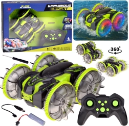 Coche RC anfibio acrobático 2 en 1 con ruedas LED y trucos 360°