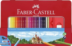 Lápices de colores de madera hexagonales FABER-CASTELL 48 uds en estuche metálico con sacapuntas, goma y lápices