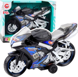 Motocicleta de carreras negro-azul con efectos de luz y sonido