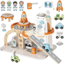 Tooky Toy estación espacial de madera con aparcamiento y cohete