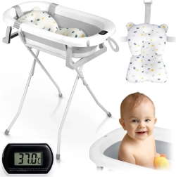 Bañera infantil plegable con soporte, termómetro e inserto Ricokids, blanco-gris