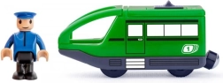 Tren verde con vías y maquinista a pilas