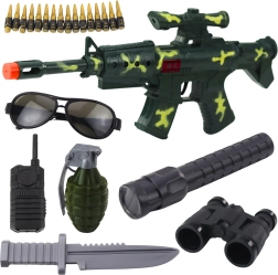Set militar infantil con rifle y accesorios, sonido mecánico de disparo, caqui