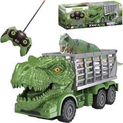 Camión RC de dinosaurios con T‑rex verde y figura WOOPIE