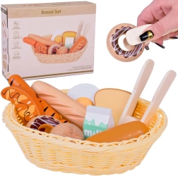 Cesta de madera con pan y alimentos de desayuno, set de 11 piezas