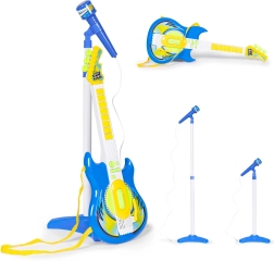 Guitarra eléctrica con micrófono y soporte para niños, compatible con MP3, azul