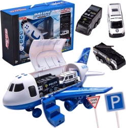 Avión policial–transportador XL Woopie con 3 coches y señales de tráfico