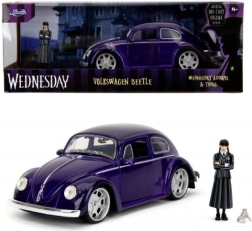 Modelo metálico de coche 1972 VW Beetle 1:24 con figura de Wednesday Addams